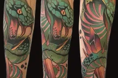 Un tríptico que muestra un tatuaje vibrante neo-tradicional en el antebrazo con una serpiente llamativa. El diseño detallado presenta escamas verdes y rosa coral, colmillos afilados y aletas puntiagudas, con contornos negros marcados y acentos dispersos de dotwork (puntillismo). Tatuaje color por Agu en Hipno Tattoo Estepona.