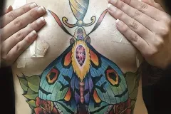 Un tatuaje grande y vibrante de polilla neo-tradicional en la parte alta del abdomen, que se extiende hacia el pecho. El diseño presenta alas color teal con acentos naranjas y manchas tipo “ojos”. Incluye un tórax amarillo y esponjoso en detalle, y está enmarcado por dos rosas rojas en plena floración con hojas verdes en la base. Tatuaje color por Agu en Hipno Tattoo Estepona.