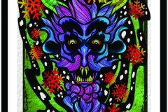 Ilustración a color que representa la cabeza de un Krampus, demonio y criatura mitológica en tonos azules y morados, con cuernos verdes y rodeado de copos de nieve rojos y naranjas sobre un fondo verde. Diseño de tatuaje con líneas sólidas y bloques de negro. Ilustración realizada por Agu. Diseño disponible en Hipno Tattoo Estepona.