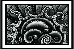 Ilustración blackwork abstracta y psicodélica en formato horizontal que representa formas orgánicas ondulantes, nubes y sol con sombreado de puntillismo y pequeños puntos blancos dispersos. Diseño de tatuaje en blanco y negro con líneas sólidas y bloques de negro. Ilustración realizada por Agu. Diseño disponible en Hipno Tattoo Estepona.