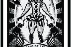 Ilustración blackwork de estilo circo vintage que representa a un payaso esquelético con traje de rombos sosteniendo globos, flanqueado por dos elefantes sobre pelotas a rayas, sobre una cinta con el texto 'CIRCUS OF LIFE' y un fondo de rayos con puntillismo. Diseño de tatuaje en blanco y negro con líneas sólidas y bloques de negro. Ilustración realizada por Agu. Diseño disponible en Hipno Tattoo Estepona.
