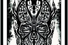Ilustración blackwork de estilo surrealista y simétrico que representa un cráneo fusionado con alas de mariposa, con ojos humanos realistas en las cuencas, rodeado de patrones orgánicos y un fondo con salpicaduras de tinta. Diseño de tatuaje en blanco y negro con líneas sólidas y bloques de negro. Ilustración realizada por Agu. Diseño disponible en Hipno Tattoo Estepona.