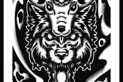 Ilustración blackwork de la cabeza de un lobo feroz con la boca abierta vestido de cordero, rodeado de formas abstractas y ondulantes con sombreado a rayas. Diseño de tatuaje en blanco y negro con líneas sólidas y bloques de negro. Ilustración realizada por Agu. Diseño disponible en Hipno Tattoo Estepona.
