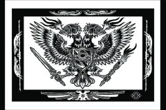 Ilustración blackwork de estilo heráldico que representa un águila bicéfala con las alas extendidas, sosteniendo una espada y una antorcha encendida, con un escudo que muestra un ojo en el pecho, enmarcado por un borde decorativo. Diseño de tatuaje en blanco y negro con líneas sólidas y bloques de negro. Ilustración realizada por Agu. Diseño disponible en Hipno Tattoo Estepona.