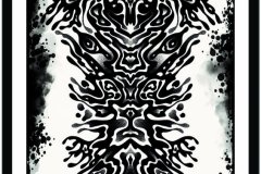 Ilustración blackwork de estilo abstracto y simétrico que representa un patrón orgánico y biomórfico con ojos ocultos entre las formas, sobre un fondo con salpicaduras de tinta y efecto de lavado. Diseño de tatuaje en blanco y negro con líneas sólidas y bloques de negro. Ilustración realizada por Agu. Diseño disponible en Hipno Tattoo Estepona.