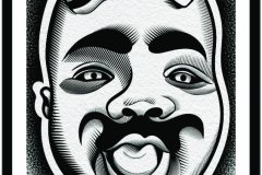 Ilustración blackwork de estilo caricaturesco que representa el rostro de un nino diablo con pequeños cuernos, bigote y la lengua fuera, con sombreado a rayas y fondo de puntillismo. Diseño de tatuaje en blanco y negro con líneas sólidas y bloques de negro. Ilustración realizada por Agu. Diseño disponible en Hipno Tattoo Estepona.