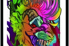 Ilustración a color de estilo neo-tradicional que representa a una bestia feroz con una gran melena de colores degradados y hocico verde, atravesando el fondo. Diseño de tatuaje con líneas sólidas y bloques de negro. Ilustración realizada por Agu. Diseño disponible en Hipno Tattoo Estepona.