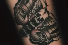 Un tatuaje detallado en negro y gris de una gran polilla, cuyo cuerpo es un cráneo humano. En las alas inferiores se aprecian patrones de ojos realistas y llamativos. El diseño utiliza sombreado marcado y texturas intrincadas en las alas. Tatuaje blackwork por Agu en Hipno Tattoo Estepona.