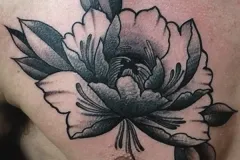 Un tatuaje detallado en negro y gris en el pecho que muestra una gran peonía en plena floración. El diseño presenta contornos marcados, sombreado con degradados suaves y hojas oscuras y estilizadas rodeando los pétalos intrincados. Tatuaje blackwork por Agu en Hipno Tattoo Estepona.