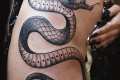 Un tatuaje grande y detallado en negro y gris de una serpiente enroscada, que envuelve el costado del torso y la cadera. El diseño es realista y muestra texturas intrincadas de las escamas, una lengua bífida que se asoma y un vientre con sombreado tipo puntillismo, con una fila de pequeños puntos. Tatuaje blackwork por Agu en Hipno Tattoo Estepona.
