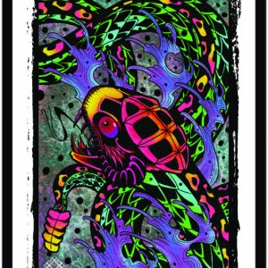 Illustration of a sea serpent with bright and muted colors.