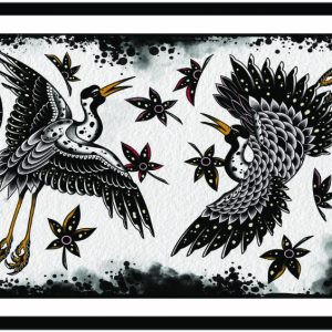 Illustration of two Flying Cranes in black and muted colors.