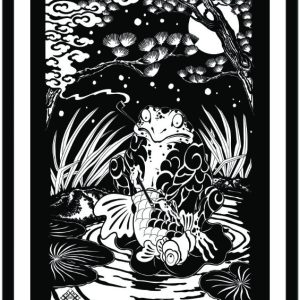 Illustration of a frog tattooing a koi fish.