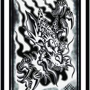 Illustration of a dragon in black and white.