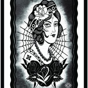 Illustration of a woman’s bust with roses and spiderweb.