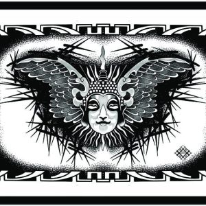 Illustration of a Buddha’s head with dark wings.