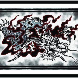 Illustration of a black and white dragon with red flames.