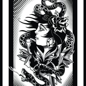 Illustration of a woman’s head with roses and a snake.