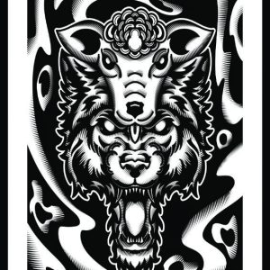 Illustration of a wolf’s head with a sheep