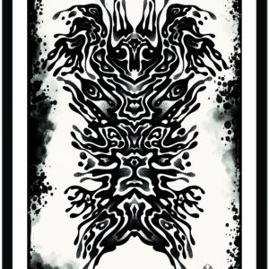 Illustration of a vertebrae like totem in black and white.