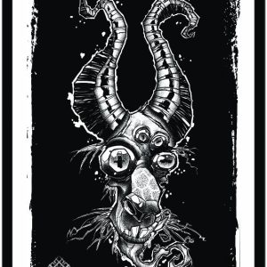 Illustration of a goat’s head with multiple hipnotic eyes.