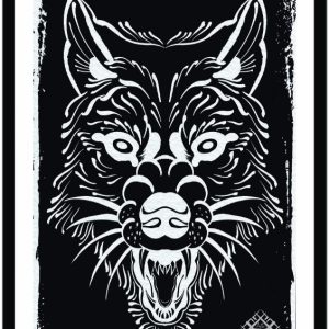 Illustration of a wolf’s head in negative brush strokes.