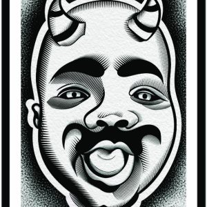 Illustration of a baby head with mustache and horns.